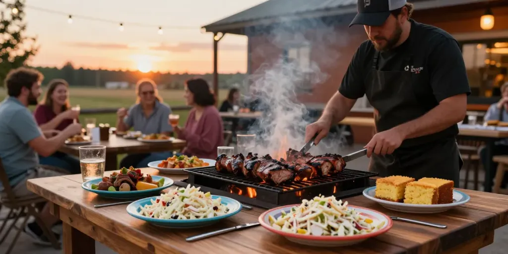 bbq food alberta sizzling on the grill at a rustic barbecue restaurant