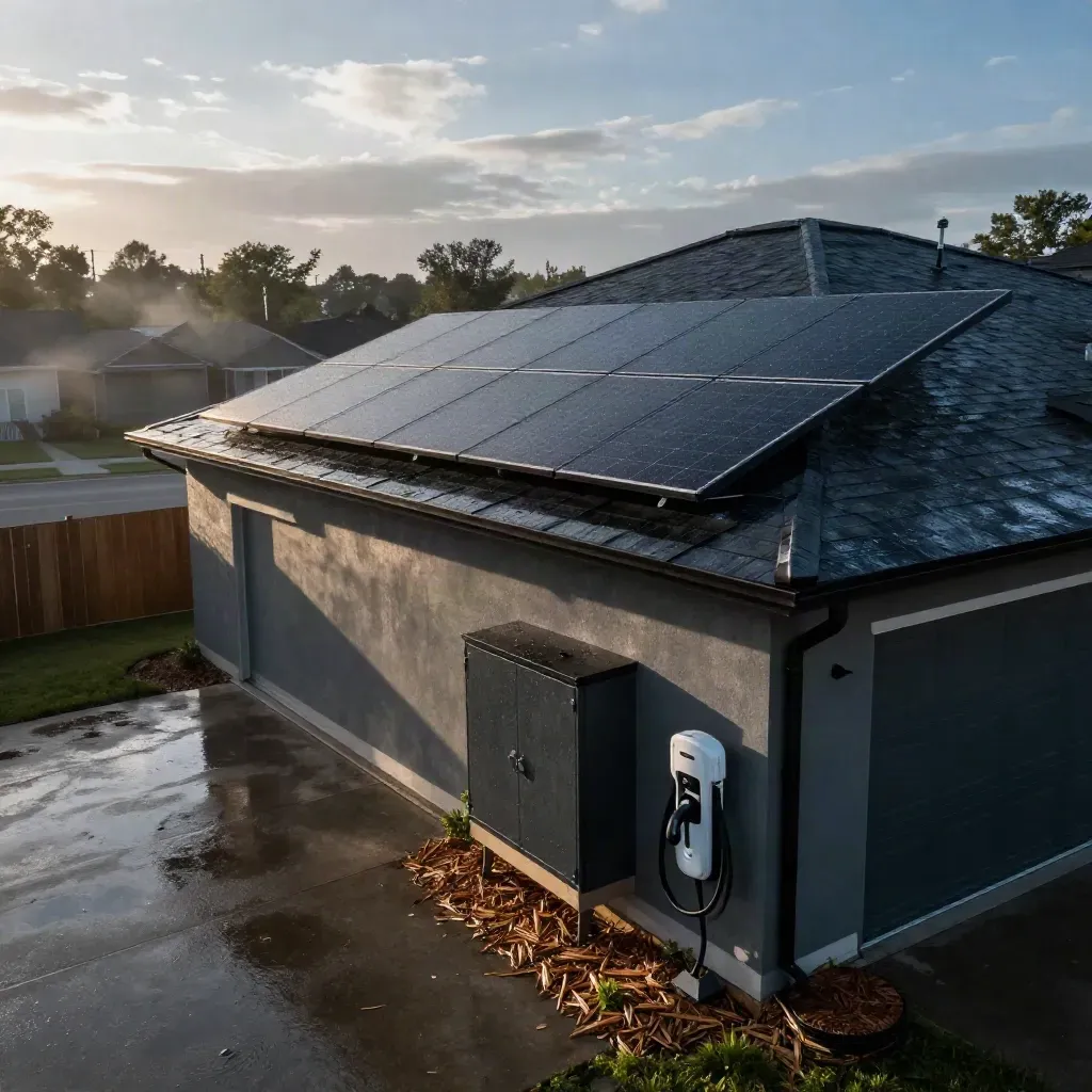 Rainy suburban bungalow with rooftop solar, battery storage and EV charger in dramatic sun.