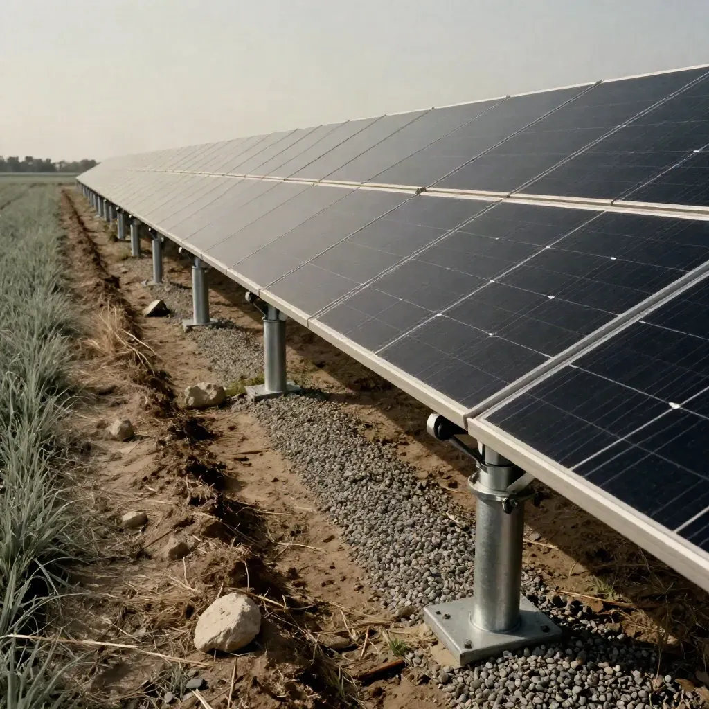 Ground-mount solar panels beside a fresh farm trench in warm haze, low diagonal view