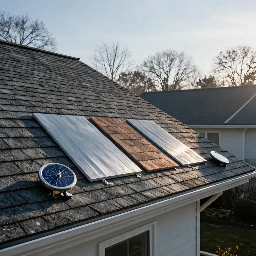 Detached house roof with solar assessment tools, shingle samples, and mounting rail in cool morning light.