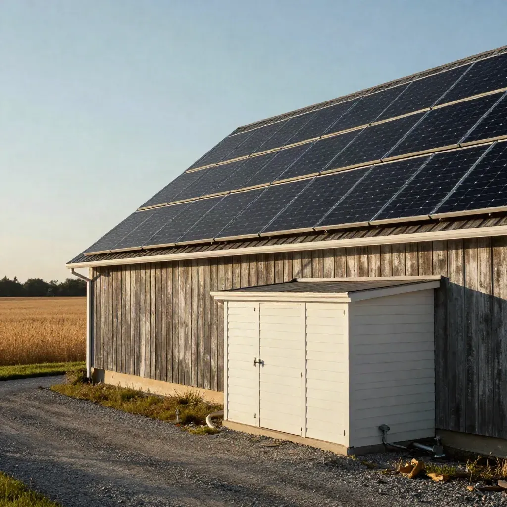 Solar-equipped barn roof beside milking-room outbuilding above a quiet field at sunset