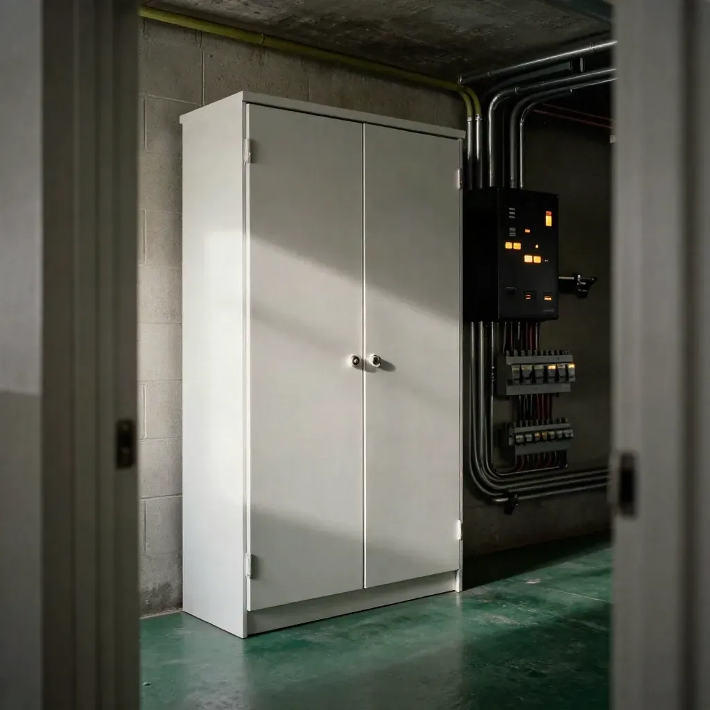 Utility room with battery cabinets and inverter wall glowing in outage-ready standby