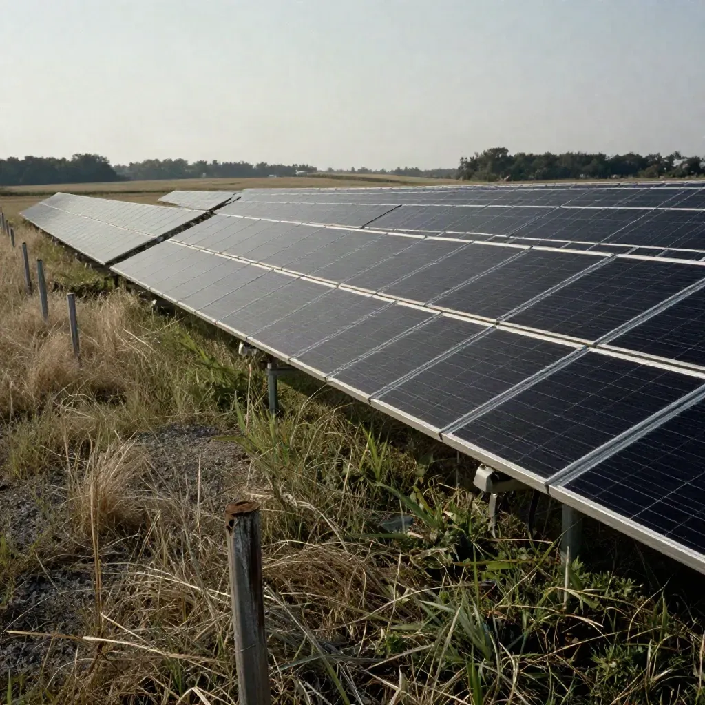 Solar panels on pastureland with fence line and heat haze, low wide editorial view.