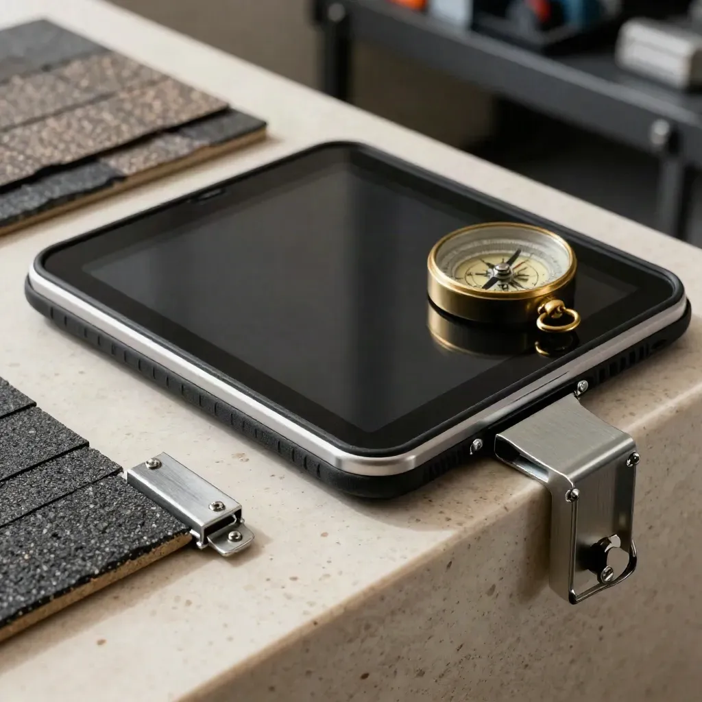 Macro site-visit kit: weatherproof tablet, roof shingle samples, compass and rail clamps on travertine.