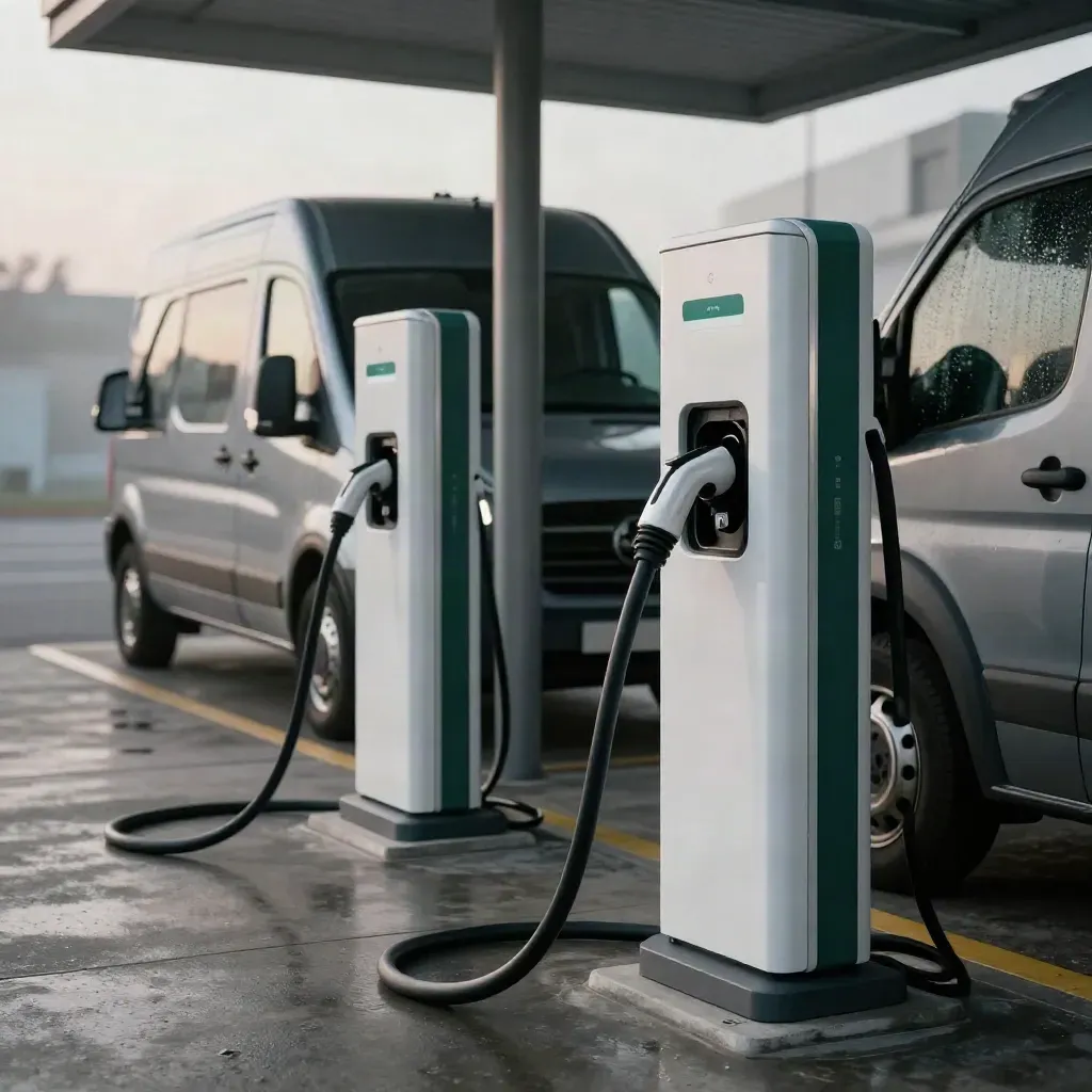 Two EV chargers plugged into parked service vans under a depot canopy at dawn