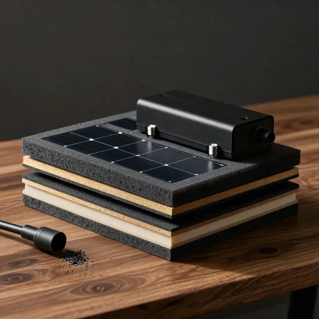 Solar site model, black panel mockups and inverter shell on a walnut bench under dramatic studio light