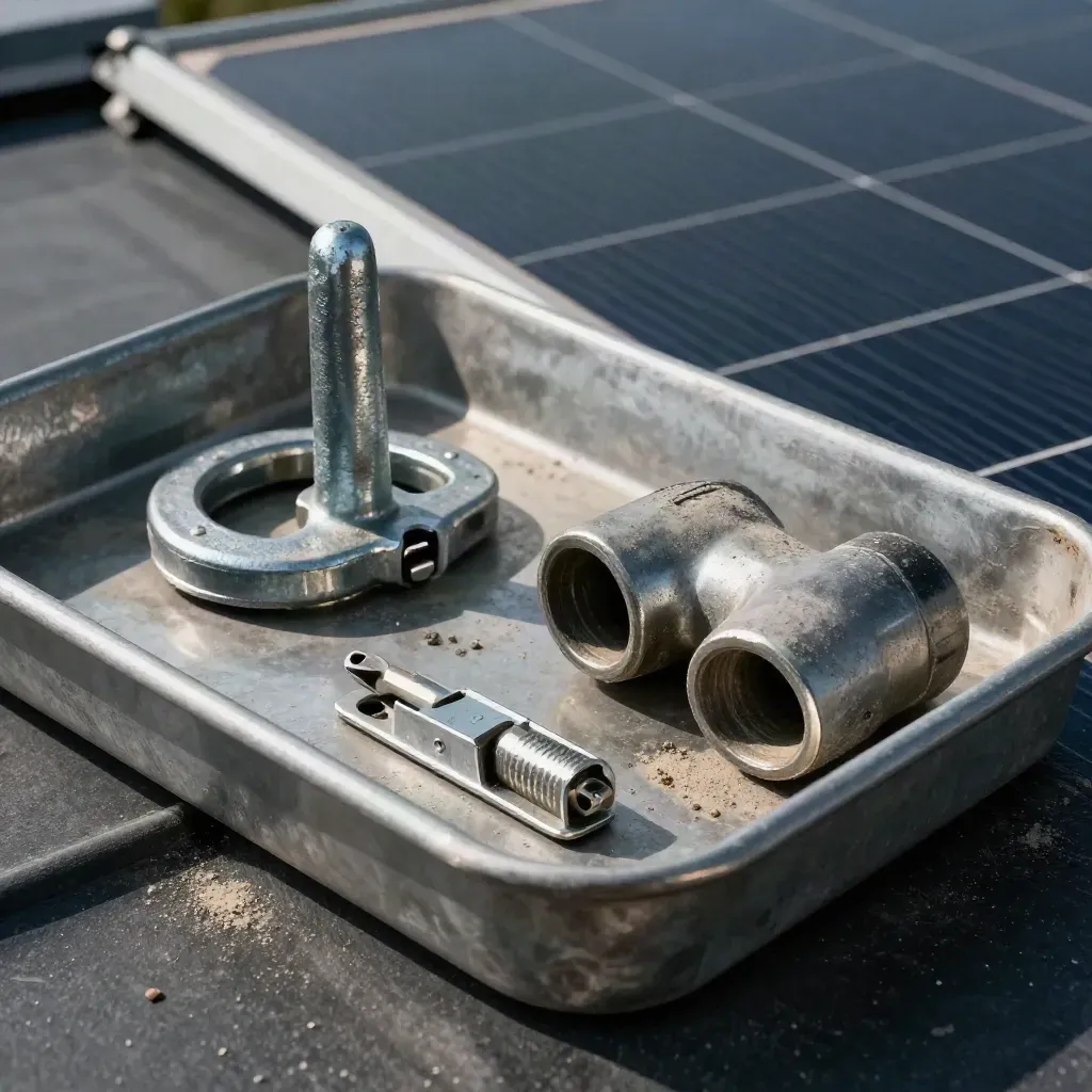 Solar install hardware on a worn metal tray: roof anchor, rail clamp, conduit elbow, and bit set.