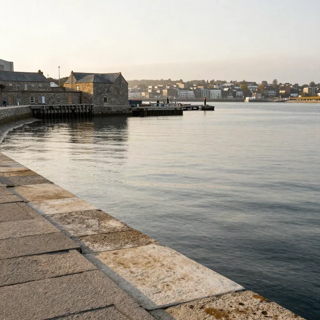 Kingston limestone waterfront in golden haze with calm water and distant shoreline