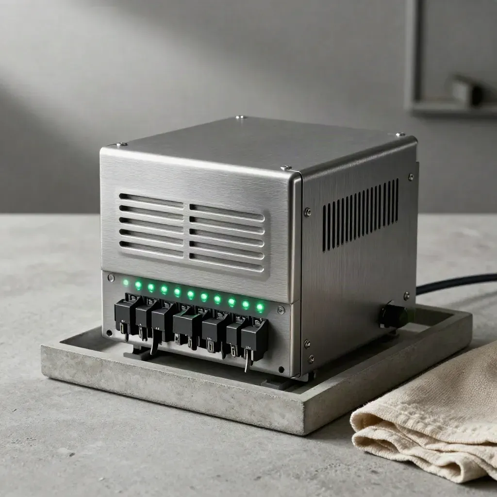 Solar inverter, breaker cover, LEDs and cable loop on a concrete tray