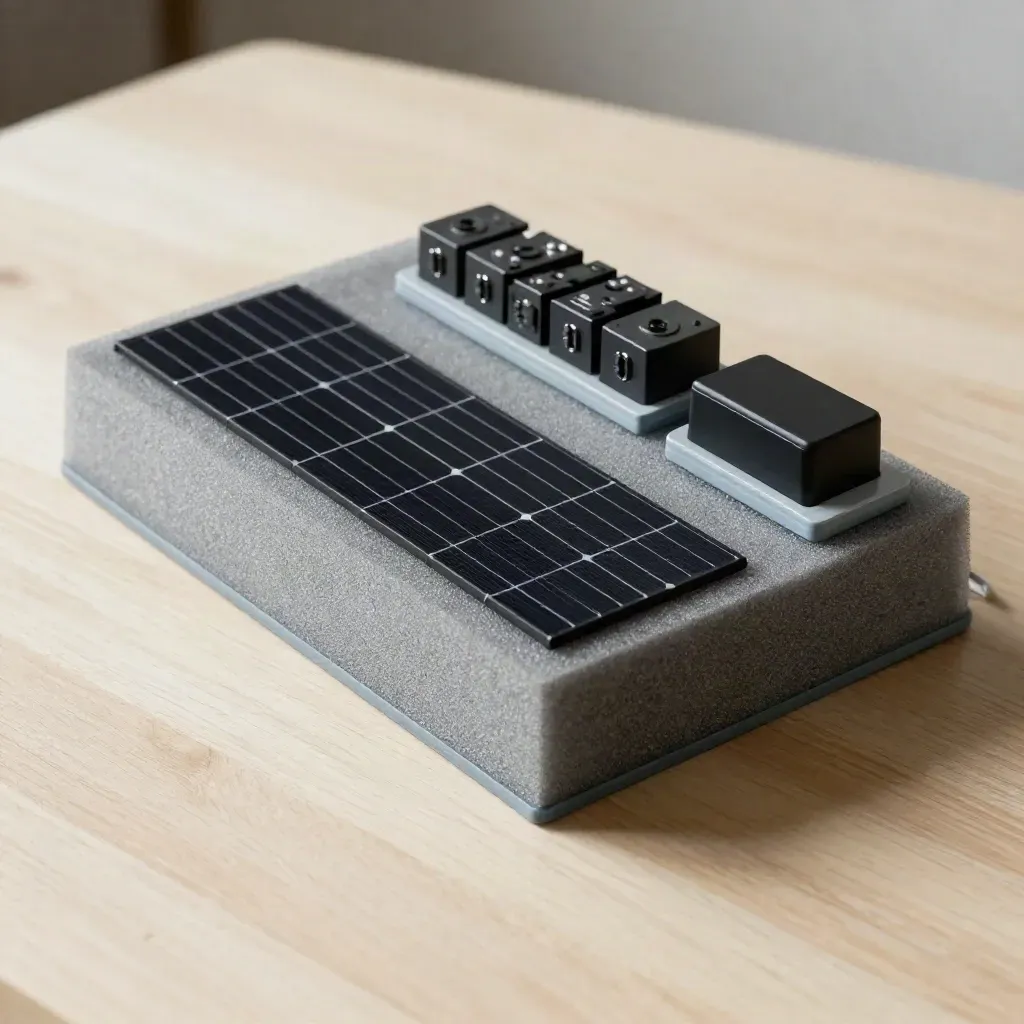Foam roof, panel tiles, battery block, and charger pedestal on pale wood in soft side light.