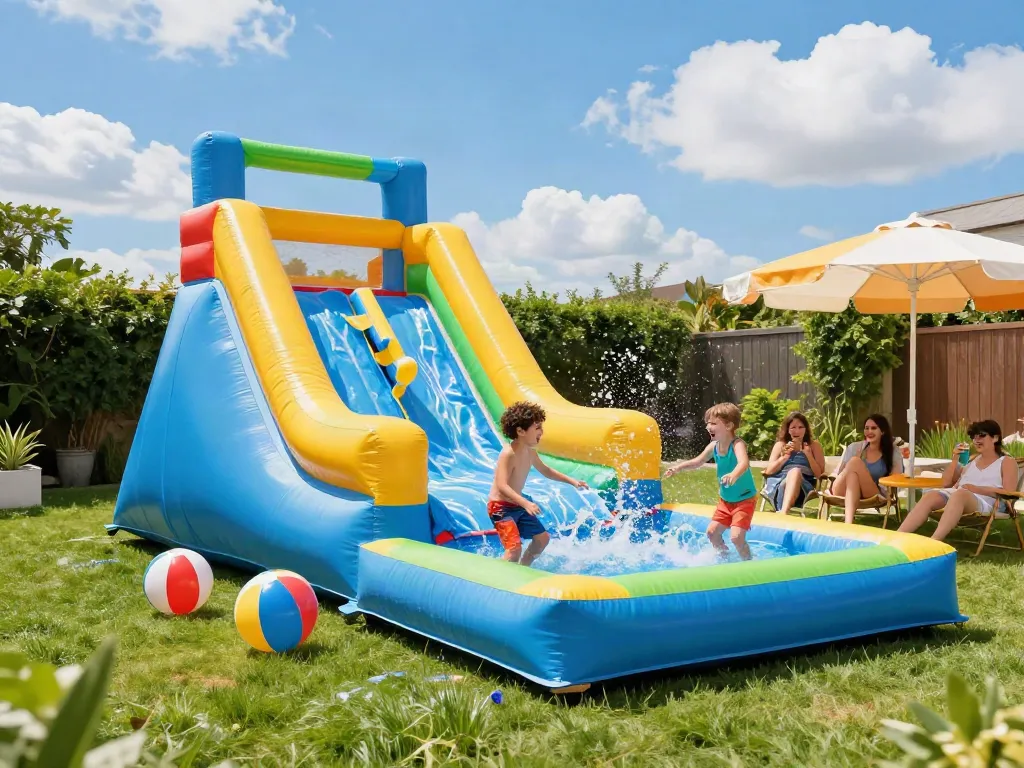 Families having fun on a colorful inflatable slide water slide in a sunny backyard.